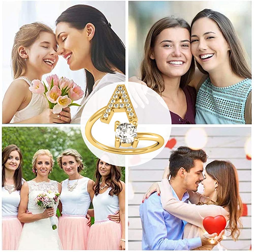 Haoze Initial Letter Ring for Women Girls Gold Stackable Alphabet Rings with Initial Adjustable Crystal Inlaid Initial Rings Bridesmaid Gift - Image 6